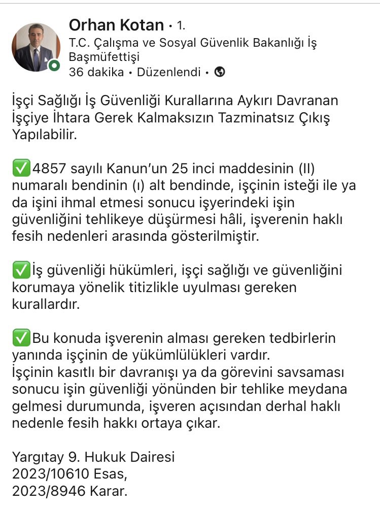 İşçi Sağlığı İş Güvenliği Kurallarına Aykırı Davranan İşçiye İhtara Gerek Kalmaksızın Tazminatsız Çıkış Yapılabilir :⏬