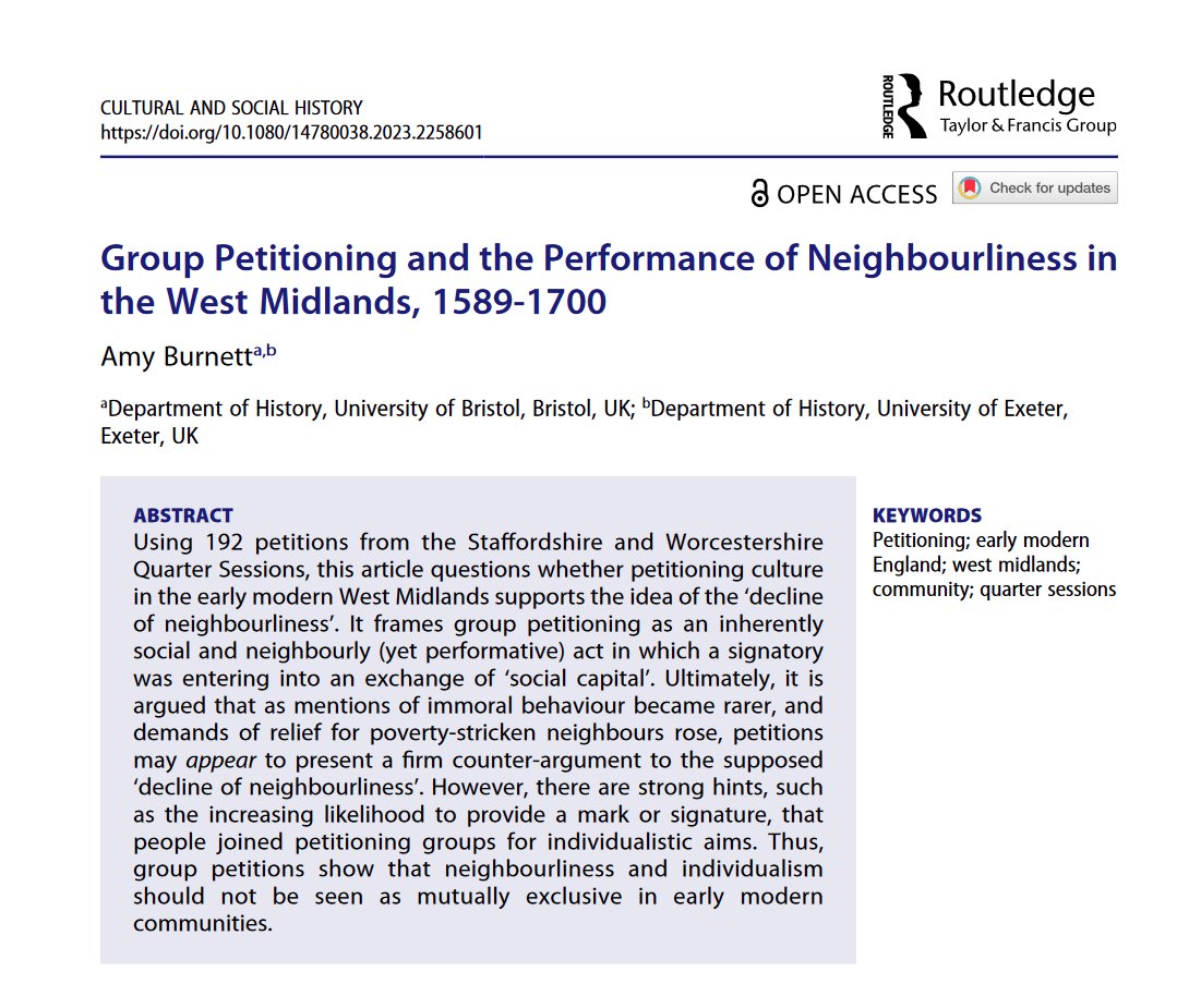 What can group petitions to local magistrates tell us about 'neighbourliness' in early modern England? Amy Burnett's article in @CultSocHistory is the latest addition to the #PowerOfPetitioning annotated bibliography: petitioning.history.ac.uk/blog/2019/05/p…