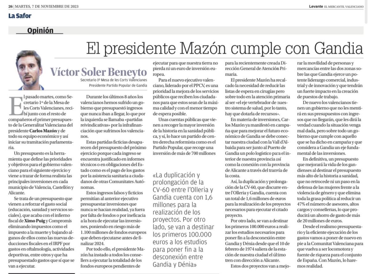 El President @carlos_mazon_ cumple su compromiso con Gandia en los presupuestos de la Generalitat.

Fin del infierno fiscal, rebaja de coste político, aumento de la inversión social y apuesta por las infraestructuras clave para el crecimiento económico.

levante-emv.com/safor/2023/11/…