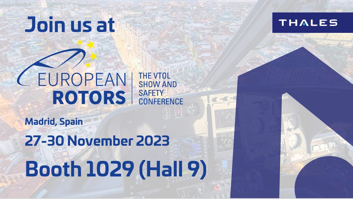 ThalesAerospace's tweet photo. 🚁Join our #Thales Aviation Global Services team at #EuropeanRotors in Madrid, Nov. 27-30 2023. Meet us at the IFEMA convention centre booth 1029 (Hall 9) to discover our global avionics support and services, inc. our #PartEdge digital platform and our #ConnectedMissionAssistant. https://t.co/oozTcsofCF