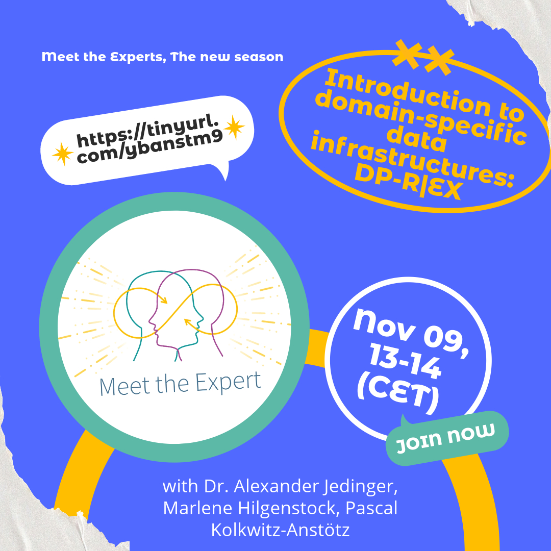 gesis_org's tweet photo. #mte #JoinNow #reminder #datainfrastructures
Don't forget to tune in on Thursday, Nov 9th, 13.00 (CET) - Meet the Experts with @alex_jedinger, Marlene Hilgenstock, @p_ashalis: Introduction to domain-specific data infrastructures: DP-R|EX: https://t.co/GoQwrEz9yX https://t.co/0BjpFDXMBG