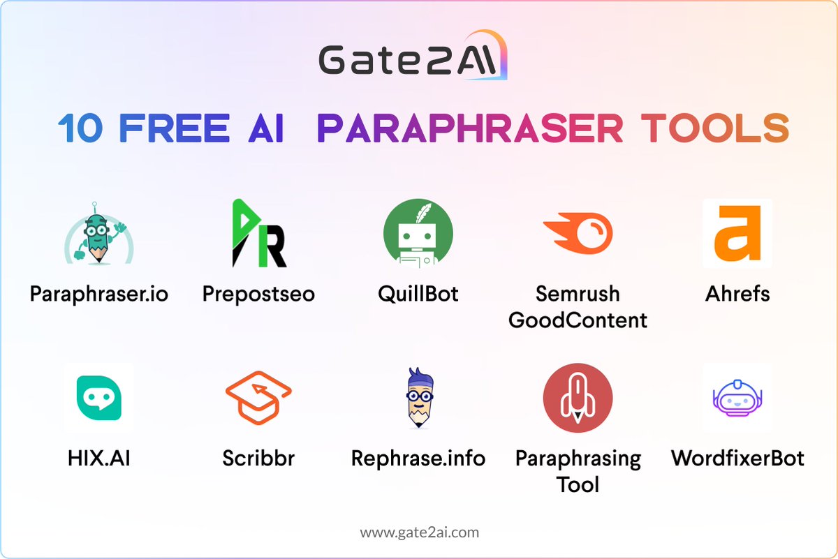 gate2ai's tweet image. 🚀 Transform your text with the magic of AI! 🧙‍♂️

Discover 10 incredible AI paraphraser tools that will elevate your writing for FREE! 🆓✍️

Explore the list in the thread. 🌊📝

Follow @gate2ai for more gems like these! #aitools #Gate2AI #Paraphraser #AIWritingTools