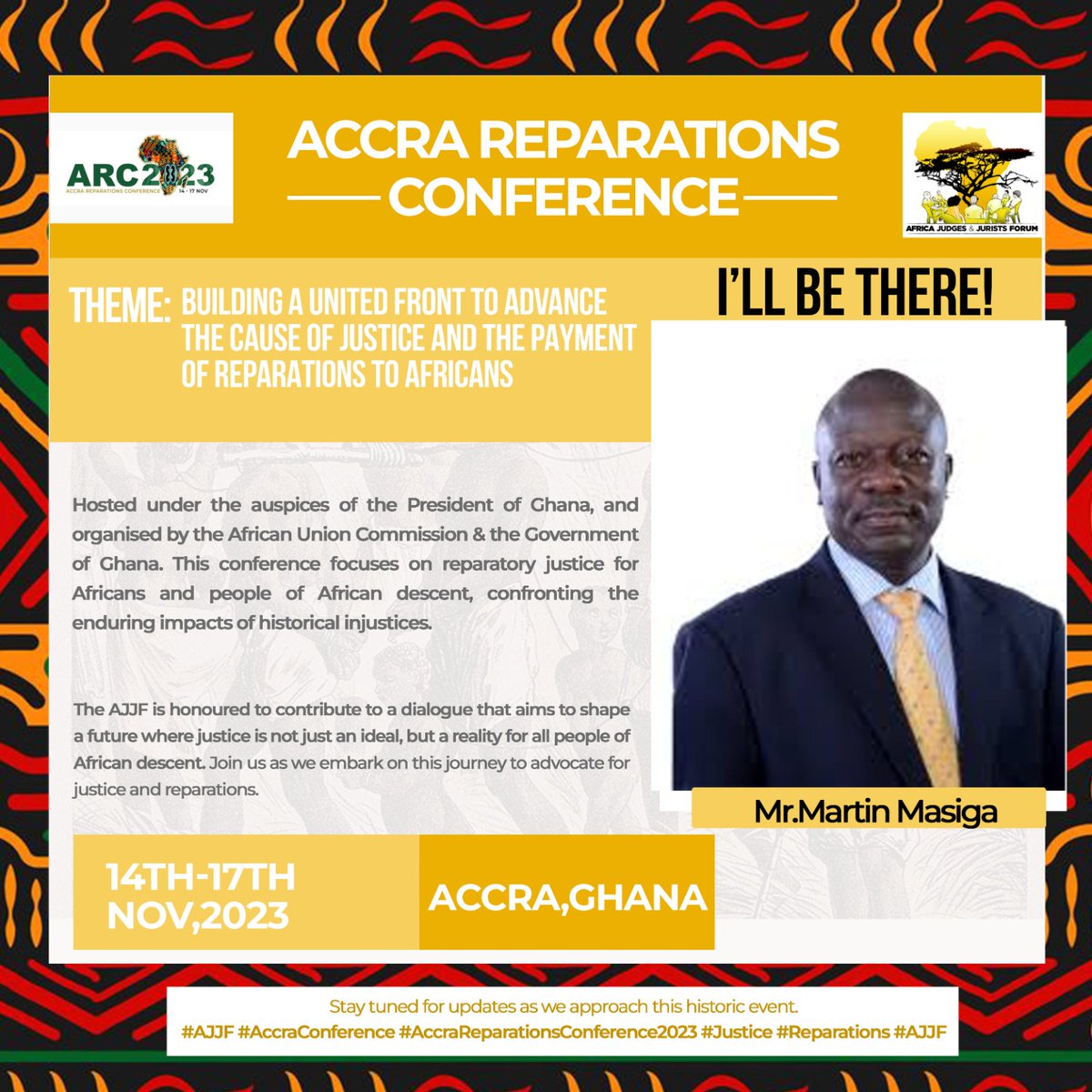 ACCRA REPARATIONS CONFERENCE | Hosted under the auspices of the Pres. of Ghana and organized by the African Union Commission and govt of Ghana. Join AJJF and others from the 14th-17th November 2023, as we focus on reparatory justice for Africans and people of African descent.