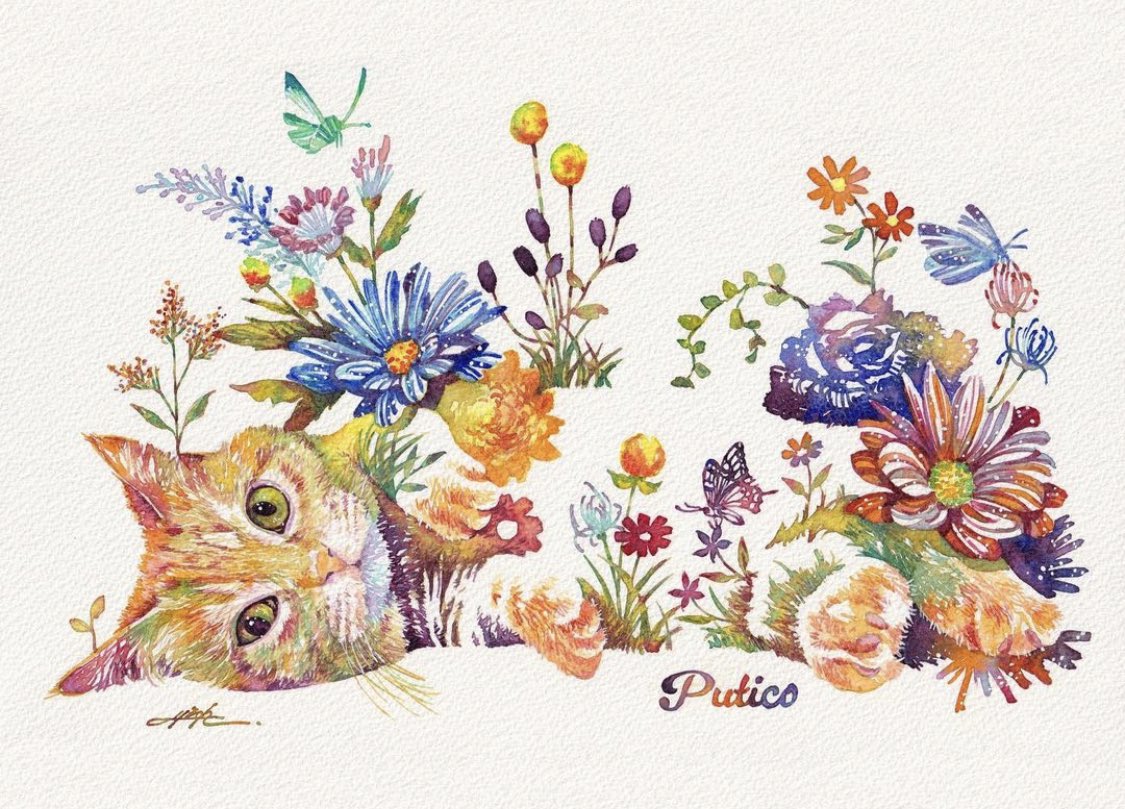 おかえりなさい#ねこのいる幸せ #猫 #水彩 #花 」|タケダヒロキ