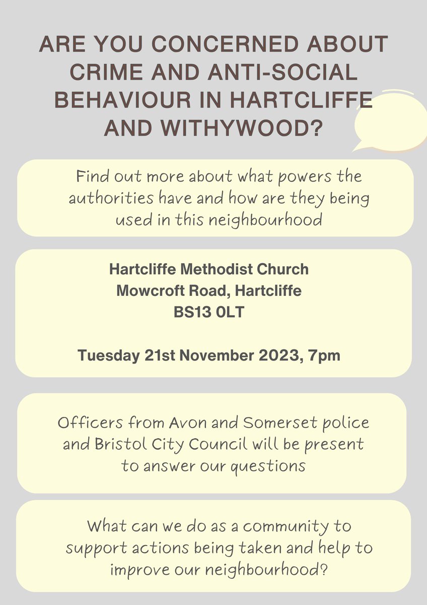 CommDevBristol's tweet image. A Community meeting to discuss anti-social behaviour and crime will be held on Tuesday 21st November 2023 from 7pm at Mowcroft Church.
#Crime #antisocialbehaviour #Hartcliffecrimeandantisocialbehaviour #communitymeetingHartcliffe