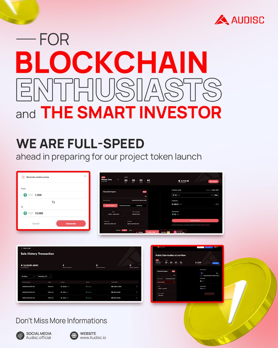 audiscofficial's tweet photo. "🚀 Hey Audisc Enthusiasts! The wait is over, but the innovation never stops! 🌟

🛒 Our auction process has been upgraded for an ultra-smooth experience. Explore the all-new Audisc auction interface!

🔗 To all blockchain buffs and savvy investors, we're charging full-speed ahead to prepare for our project's token launch.

💰 The public ICO sale interface is now live, and we're thrilled to unveil it soon. Keep your eyes on this space!

Join the conversation on Discord: in bio.
Let's revolutionize together! 🚀🌐 #Audisc #BlockchainRevolution #TokenLaunch"