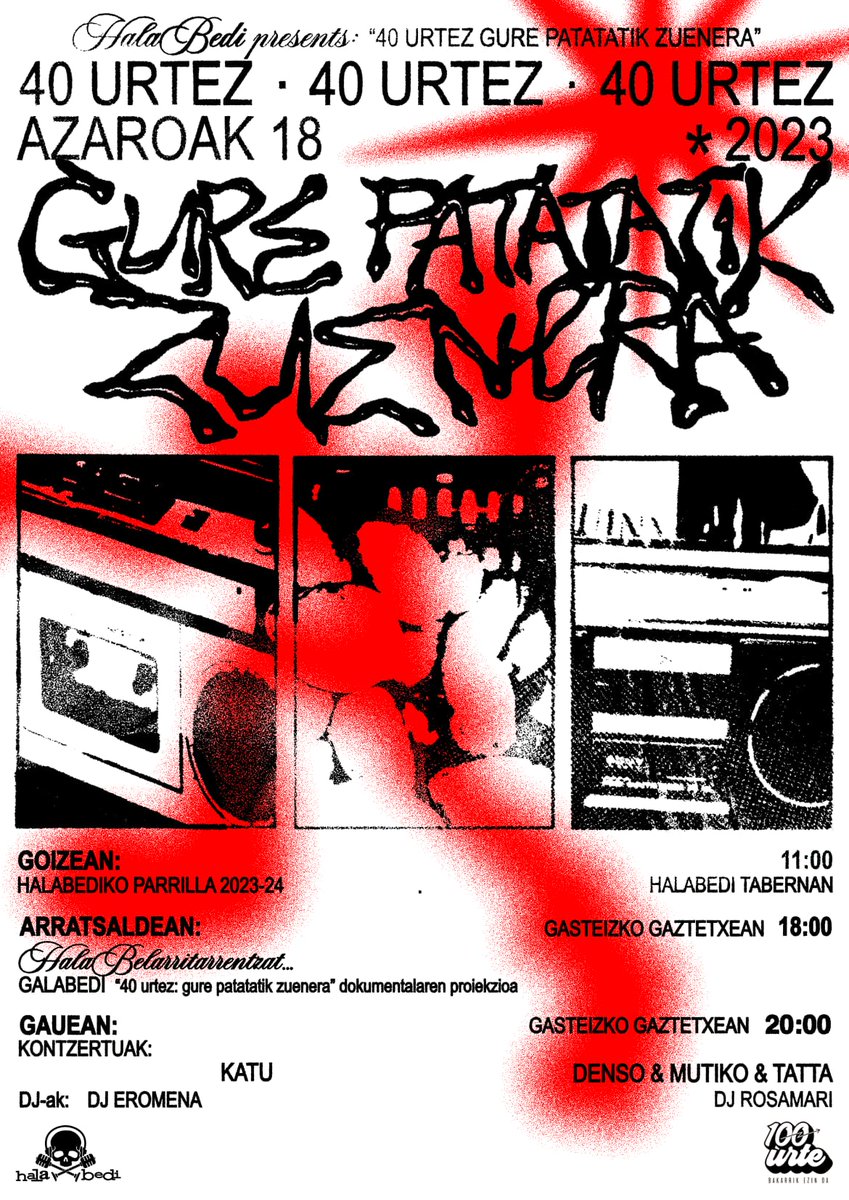 🥳🎂40 urte bete ditu Hala Bedi irratiak... BERROGEI!

Azaroaren 18an, zatoz gurekin ospatzera!

🎙️11:00etan parrilla aurkezpena Hala Bedi tabernan

🎙️20:00etatik aurrera <a href="/GasteizGaztetxe/">Gasteizko Gaztetxea</a>|an
⚡️KATU
⚡️ <a href="/tatta_me/">tattareos</a> <a href="/lilmutuko/">Lil Mutiko</a> <a href="/densoproducer/">Denso</a>
⚡️DJ EROMENA
⚡️DJ ROSAMARI

Gorde data 💅