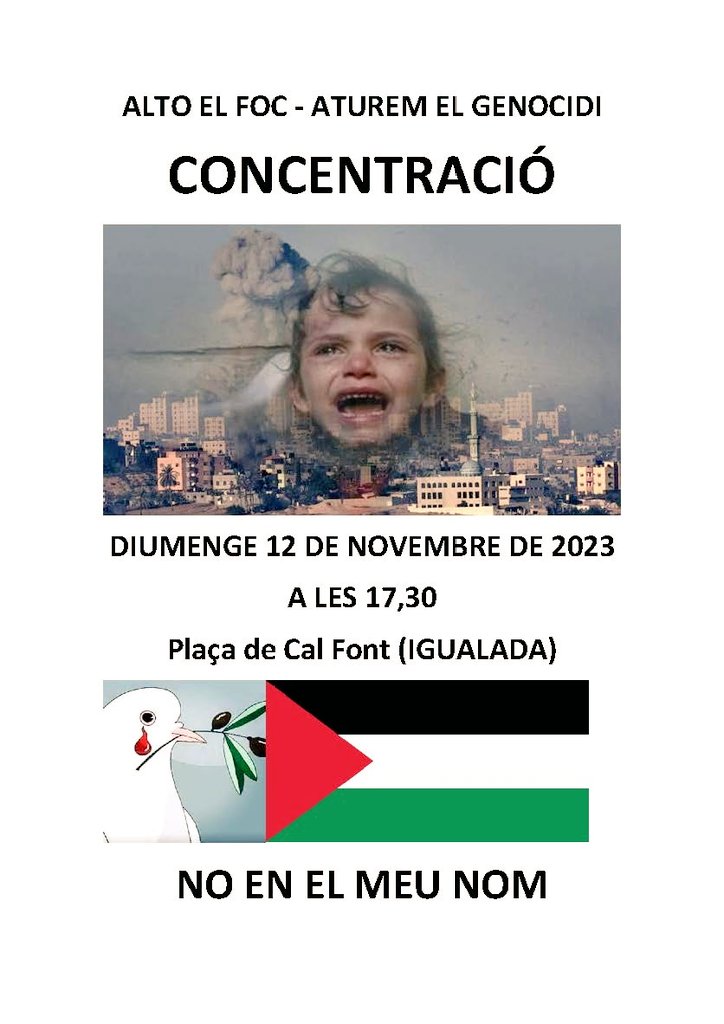 ComunsIgualada's tweet photo. 🕊️🇵🇸 || 𝔸𝕥𝕦𝕣𝕖𝕞 𝕖𝕝 𝕘𝕖𝕟𝕠𝕔𝕚𝕕𝕚 𝕕𝕖𝕝 𝕡𝕠𝕓𝕝𝕖 𝕕𝕖 ℙ𝕒𝕝𝕖𝕤𝕥𝕚𝕟𝕒
Diumenge 12 de novembre us convoquem a una concentració a la Plaça de Cal Font, a les 17:30h.
Fem un clam per la llibertat, per la democràcia i pels drets humans.
#SumemPerTransformar https://t.co/bn7WQyKsxq