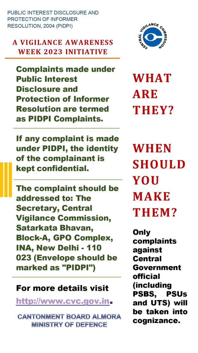 almoracantt's tweet photo. AWARENESS ON PUBLIC INTEREST DISCLOSURE AND PROTECTION OF INFORMERS RESOLUTION (PIDPI)
@varunkr_mauryan @almoracantonment @pddecc #CVC #VigilanceAwarenessWeek2023 #DTECC #DGDE https://t.co/qH6dYADaQT