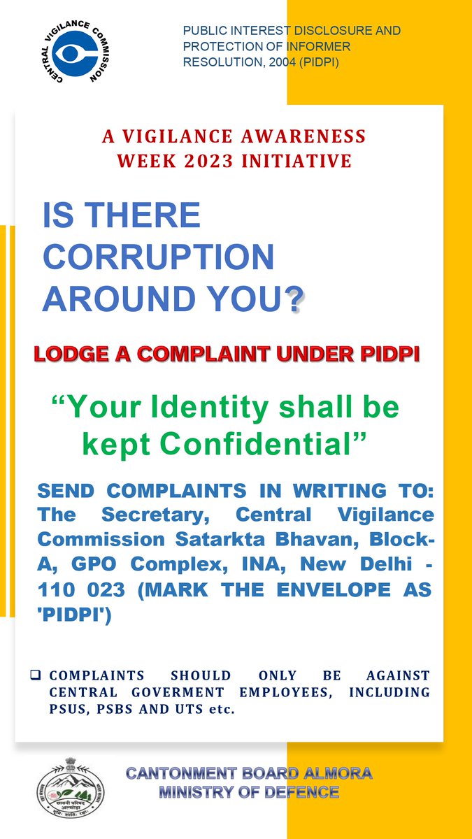 almoracantt's tweet photo. AWARENESS ON PUBLIC INTEREST DISCLOSURE AND PROTECTION OF INFORMERS RESOLUTION (PIDPI)
@varunkr_mauryan @almoracantonment @pddecc #CVC #VigilanceAwarenessWeek2023 #DTECC #DGDE https://t.co/qH6dYADaQT