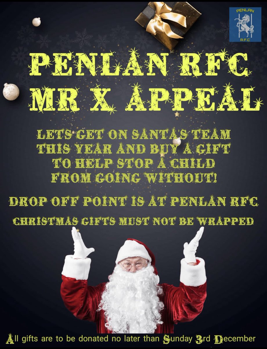 As a club we are proud to say this our 4th year of taking part in the Mr X Appeal. This year we are asking for donations for: 

2 yr old girl
6 yr old girl 
8 yr old boy 
10 yr old boy 
Any questions please contact Rebecca on 07595989618 💛💙<a href="/AllWalesSport/">All Wales Sport</a> <a href="/happyeggshaped/">Happiness is Egg Shaped</a>