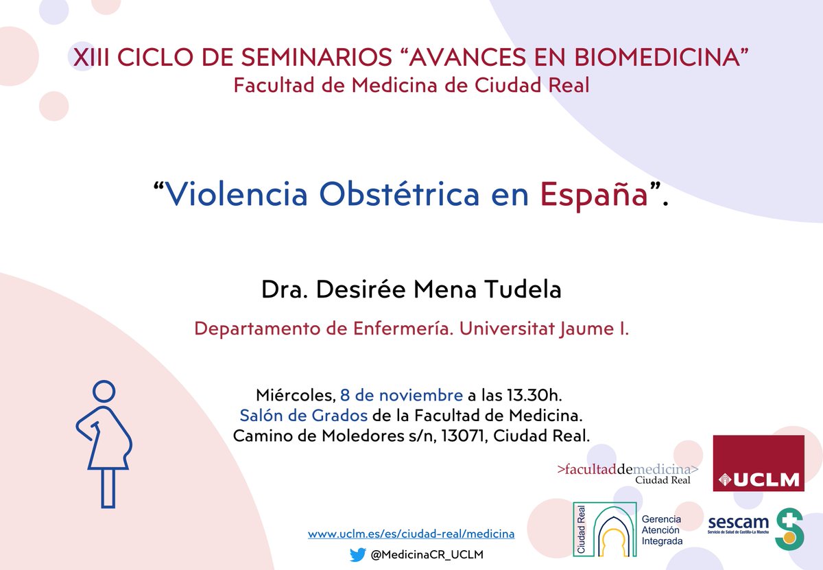 Mañana tendremos a <a href="/DMenaTudela/">Desirée Mena Tudela</a>, profesora de <a href="/UJIuniversitat/">Universitat Jaume I</a>, para hablarnos sobre Violencia Obstétrica en España, en un seminario coorganizado con la Comisión de Igualdad de nuestro centro <a href="/Igualdad_UCLM/">Delegada del Rector para Políticas de Igualdad</a> 
Animamos al alumnado y personal de <a href="/uclm_es/">Universidad de Castilla-La Mancha</a> a asistir a esta charla