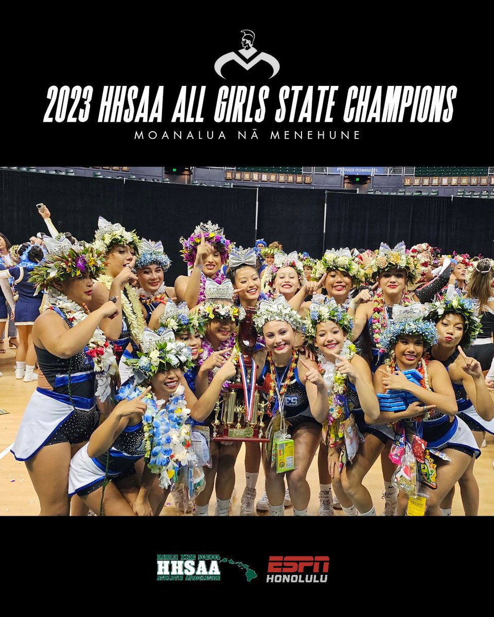 ESPNHonolulu's tweet photo. The Moanalua Nā Menehune are your 2023 @HHSAAsports @Zippys All Girls Cheerleading STATE CHAMPS! 🏆 Congratulations! https://t.co/Qv224CHyNW