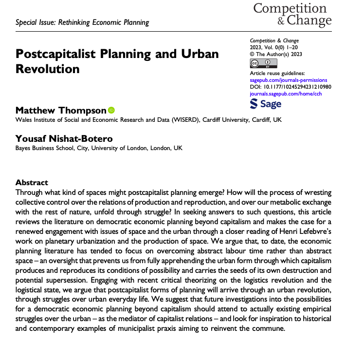 New paper with @yousafnibo on *Postcapitalist Planning and Urban Revolution* Part of a special issue in @CompChange on 'rethinking economic planning' edited by @christophsorg and @FutureHpodcast 👇 journals.sagepub.com/doi/10.1177/10…