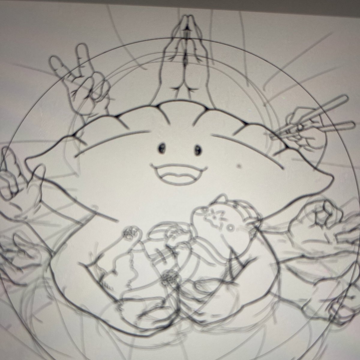 なんでか血迷って餃子の神を描いています???んん???🥟🙏✨ #wip