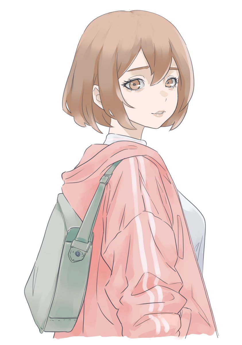 1girl solo brown eyes brown hair bag backpack white background  illustration images