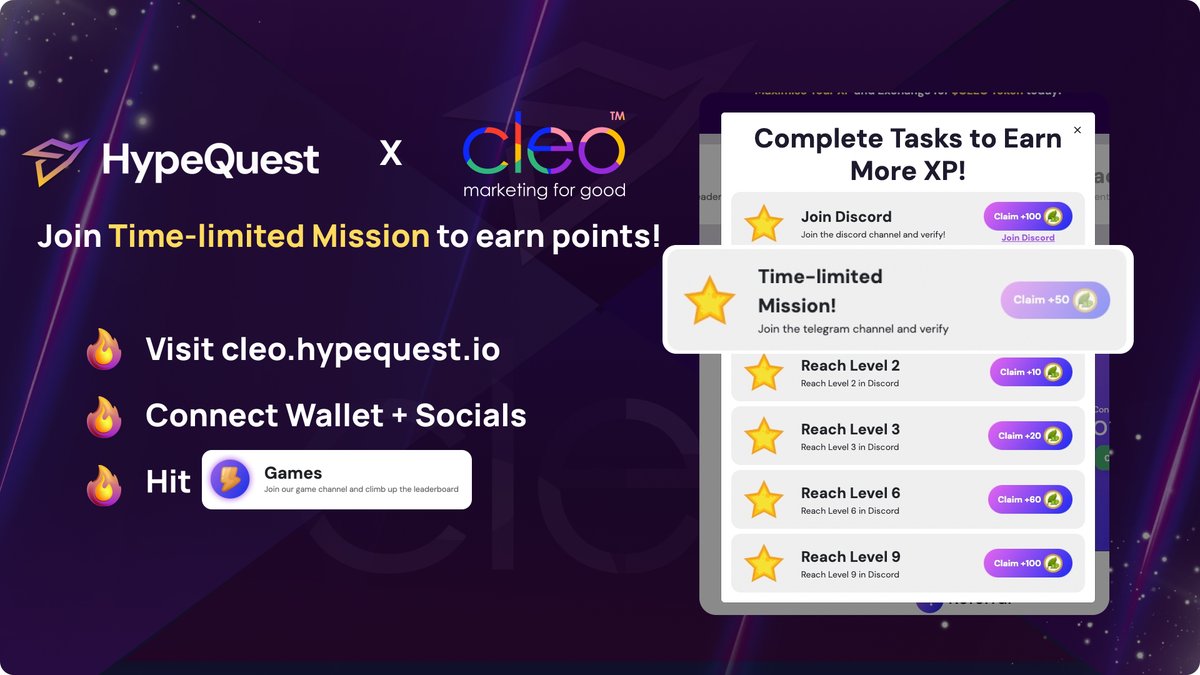 Find #Hypequest on @thecleotoken Massive #airdrop campaign!🥂

🔥 Visit cleo.hypequest.io
🔥 Connect wallet and your socials
🔥 Hit the "GAMES" button to find us!

Gain points on #CLEO's campaign to win $CLEO! They are now at Stage 2! Don't miss this out!❤️‍🔥