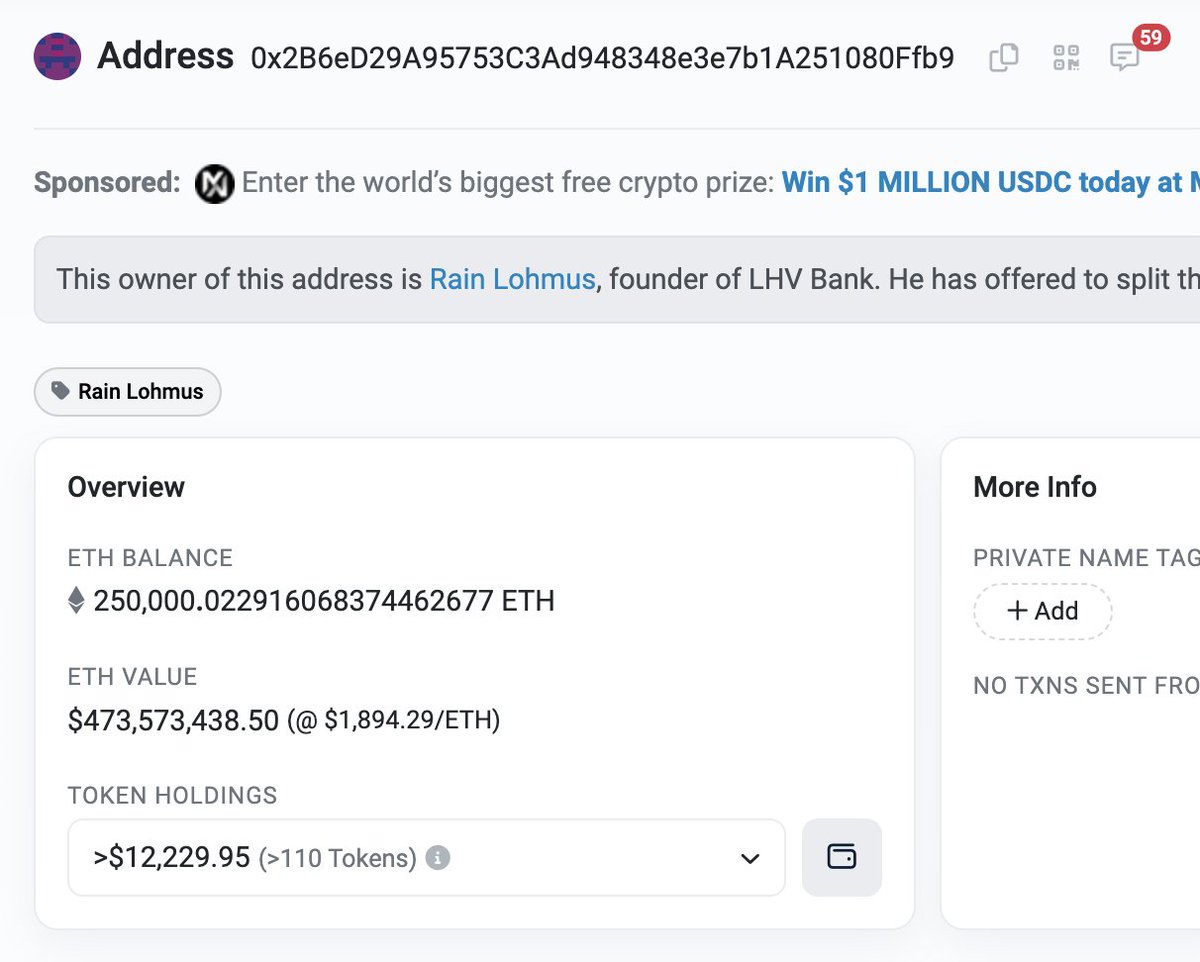 Rain Lohmus, the founder of LHV Bank, received 250K $ETH from the  #EthereumICO. The cost is ~$77.5K, and now worth ~$473M. But unfortunately,  he lost the keys. https://t.co/PG2vALcDmU
