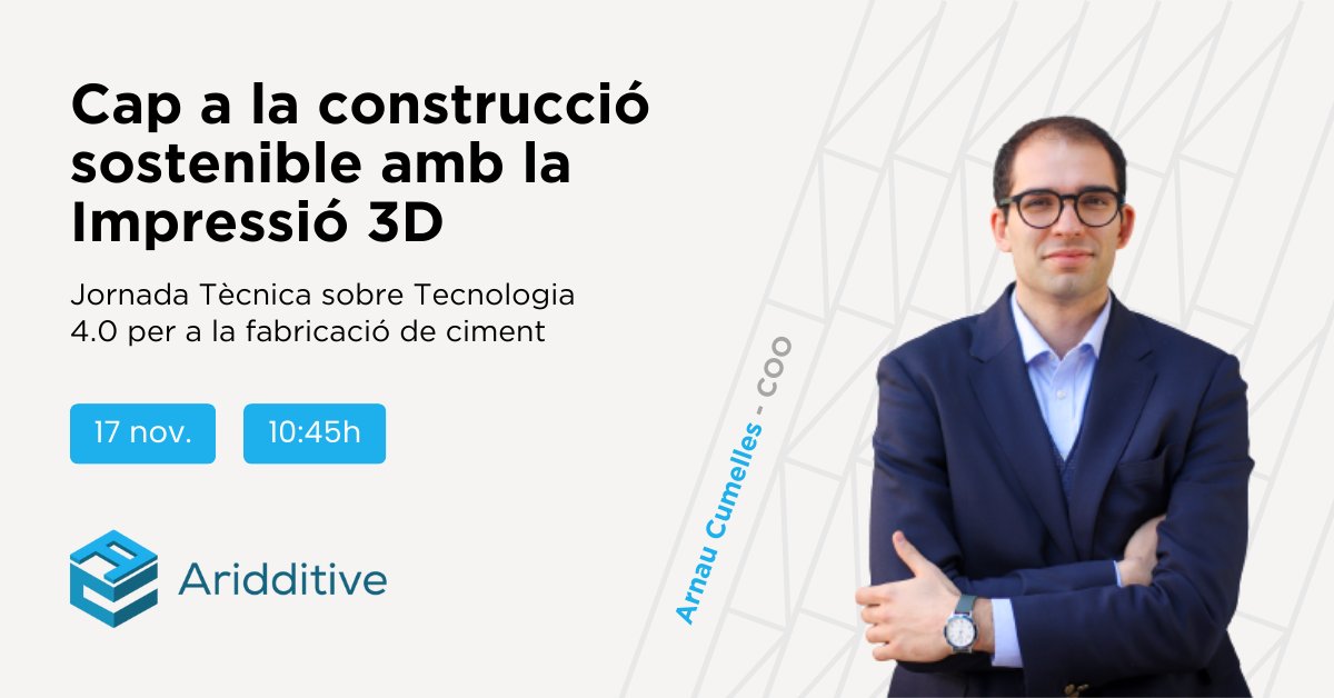 XaRFATech's tweet photo. Pròximament... A la Jornada “Tecnologia 4.0 per a la fabricació de ciment":

Una de les xerrades del dia la realitzarà l'Arnau Cumelles (@cumi_12) d'@aridditive: "Cap a la construcció sostenible amb la Impressió 3D".

📅17 de novembre 
📍 Museu del ciment @museuciment  
🕐10:45h https://t.co/55prkgAvO1