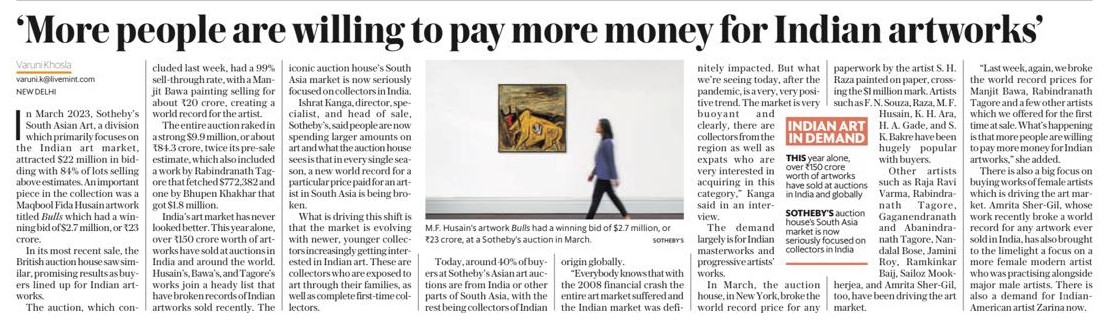 AMinputs's tweet image. The art scene in India is on the rise, as seen through the success of Sotheby&apos;s South Asian Art division in March 2023. They achieved a significant milestone, gathering $22 million in bids, with 81% of lots exceeding their estimates. Maqbool Fida Husain&apos;s &quot;Bulls&quot; sold for $2.7…