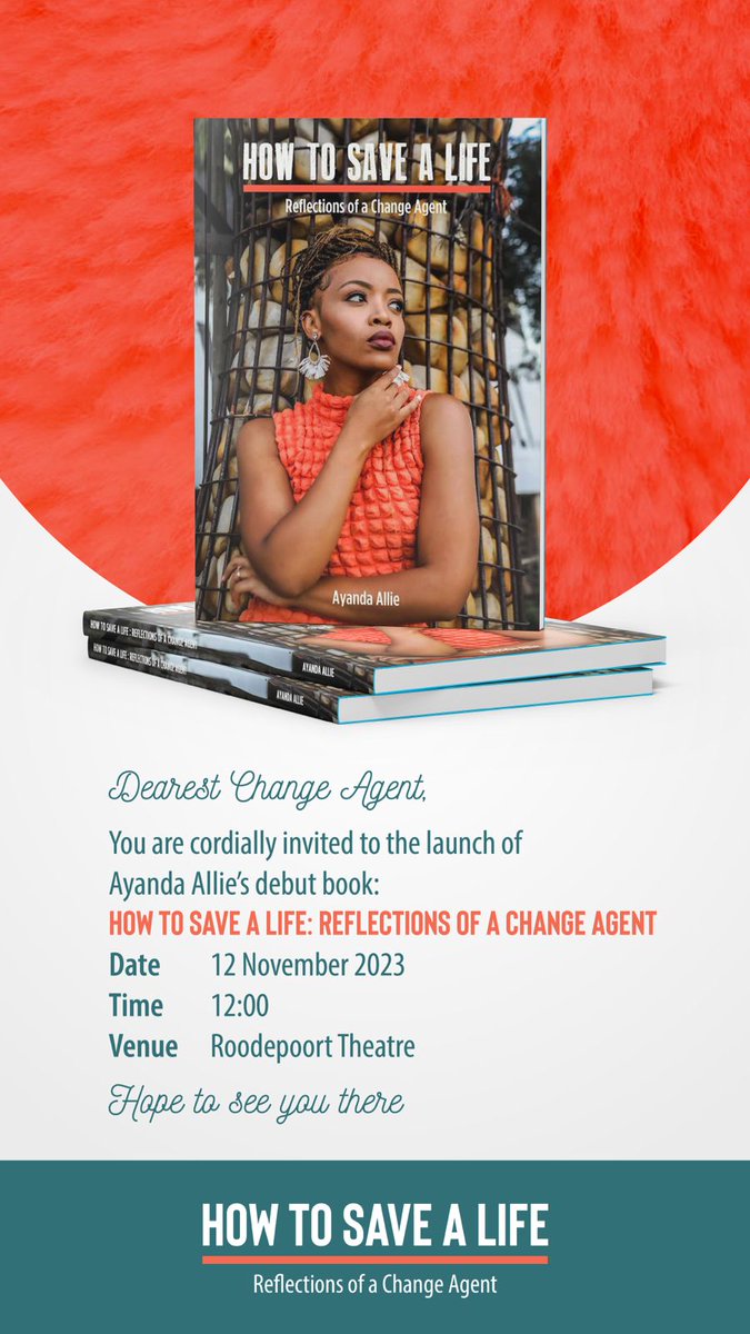 ReadaBookSA's tweet image. News: Celebrated Broadcaster, Artist and Author, Ayanda Allie @AyandaAllie will launch her highly anticipated book #HowToSaveALife this Sunday, 12 November 2023, from 12 pm at the Roodepoort Theatre. 

To RSVP contact Karabo Monana:

WhatsApp: 0735469001
Call &amp;amp; SMS: 0817906717