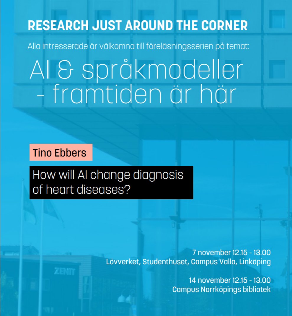 Today, "Research just around the corner" with Tino Ebbers: liu.se/en/employee/ti…. In English. Welcome to Lövverket in Studenthuset, Campus Valla. More information: liu.se/biblioteket #viärliu #LiUBibliotek #forskningskommunikation #AI
