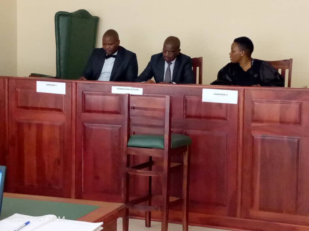 #Lupane The Lupane Magistrates Court has opened for the Nomination Court sitting. The prosecution is being led by Nomination Officer Richard Sibanda with assessors William Muleya and Talent Ndlovu.