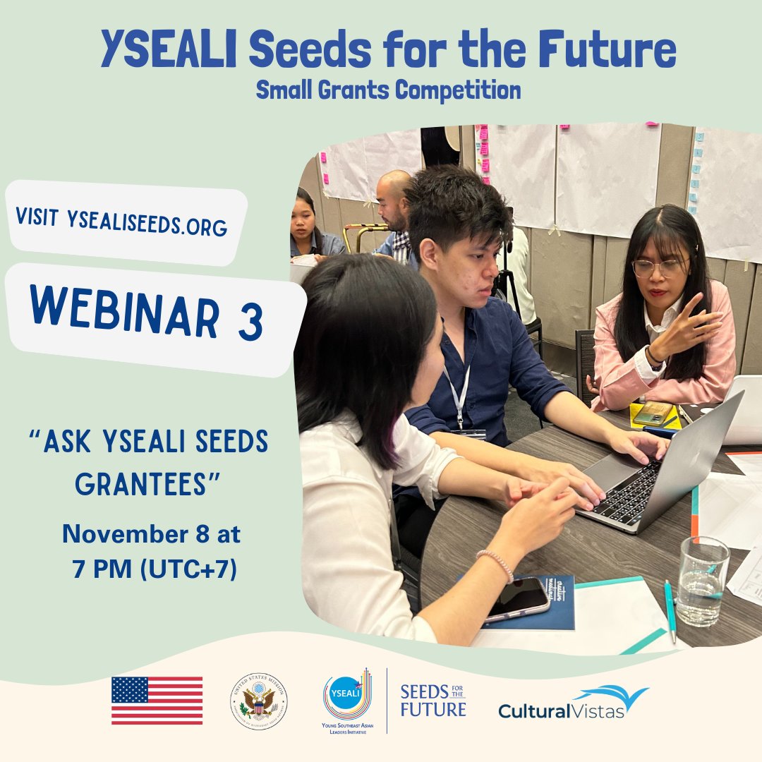 Protip, the best people to ask questions about YSEALI Seeds are YSEALI Seeds grantees! Join us for the final webinar on November 8, at 7:00 pm (UTC+7) with our successful 2023 grantees! Register at: bit.ly/46yxCLH or ysealiseeds.org. #YSEALISeeds #YSEALI