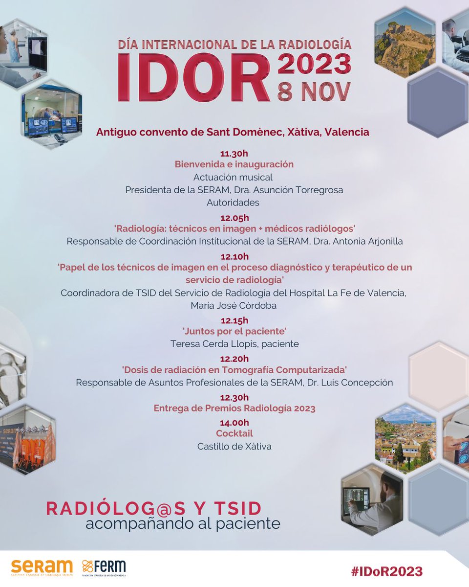 Este año el #IDoR2023 se celebra en la ciudad de @Xativa por el galardon recibido en los #PremiosRadiología2022 al servicio de Radiología para el Hospital Lluís Alcanyís @GVAdsxo ¡Aquí tienes toda la información del evento! 🔗 seram.es/idor2023