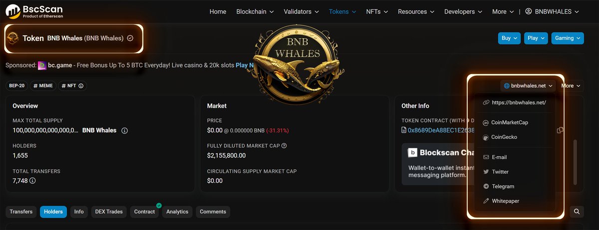 🔥🔥BNB WHALES INFO IS UPDATED ON BSCSCAN🔥🔥

🐋🐋Your team is working hard to introduce this project to the crypto market fully-detailed🐋🐋

Check it here: bscscan.com/token/0x8689De…

🔼We are moving on day by day, and step by step🔼

👀 BNB WHLAES are going to the moon, keep