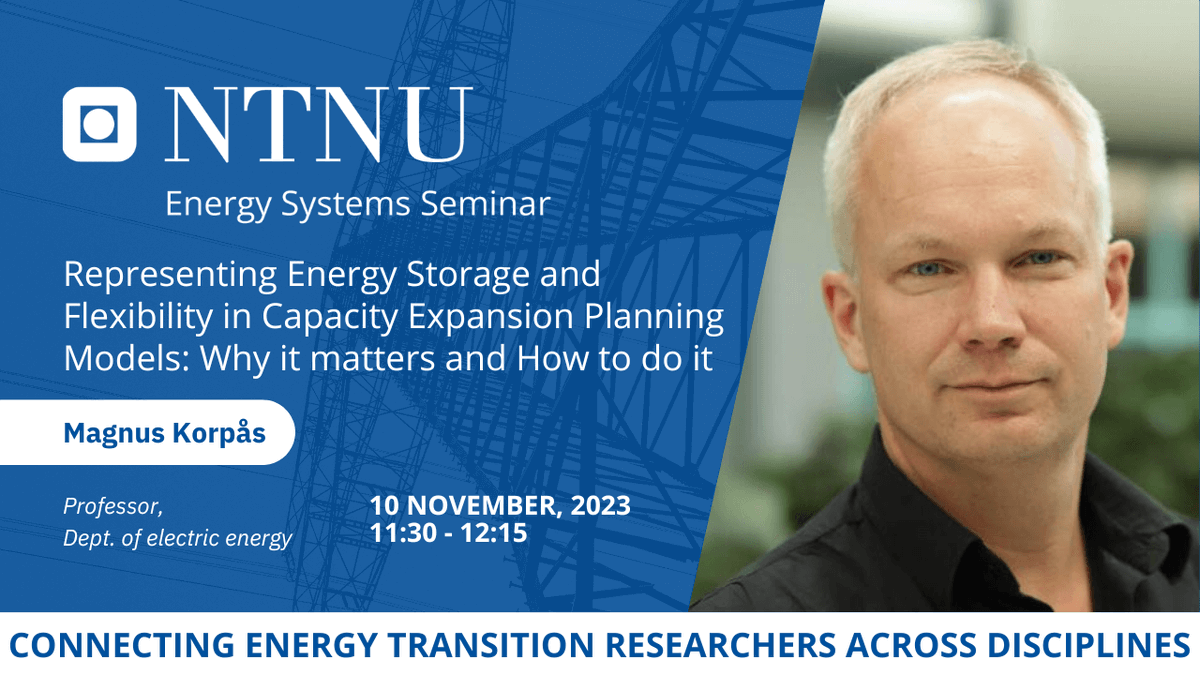 NTNU Energy Transition (@ntnu_et) on Twitter photo Join ESS this Friday: Representing Energy Storage and Flexibility in Capacity Expansion Planning Models: Why it matters and How to do it, with <a href="/MagnusKorpas/">Magnus Korpås</a>, Professor at <a href="/IEL_NTNU/">NTNU Department of Electric Energy</a>.
📅 Fri, 10 Nov
🕦 11:30
Reg: teams.microsoft.com/registration/c…
Organizers: <a href="/EmilDimanchev/">Emil Dimanchev</a> & Steffen Bakker Join ESS this Friday: Representing Energy Storage and Flexibility in Capacity Expansion Planning Models: Why it matters and How to do it, with <a href="/MagnusKorpas/">Magnus Korpås</a>, Professor at <a href="/IEL_NTNU/">NTNU Department of Electric Energy</a>.
📅 Fri, 10 Nov
🕦 11:30
Reg: teams.microsoft.com/registration/c…
Organizers: <a href="/EmilDimanchev/">Emil Dimanchev</a> & Steffen Bakker