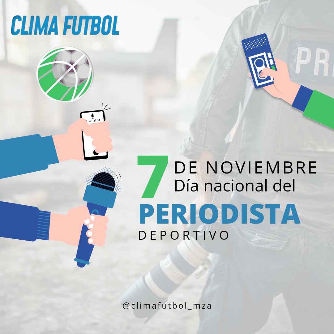 climafutboldv's tweet photo. Cada 7 de noviembre se celebra el #diadelperiodista Deportivo para honrar la profesión de quienes se dedican a informar sobre todas las noticias del deporte a nivel mundial.
Feliz día para todo nuestro equipo de periodistas deportivos en #CLIMAFUTBOL 🥂
⚾⚽🥎🏀🏐🏈🏉🎾🥅 https://t.co/PQx3YEdDXX