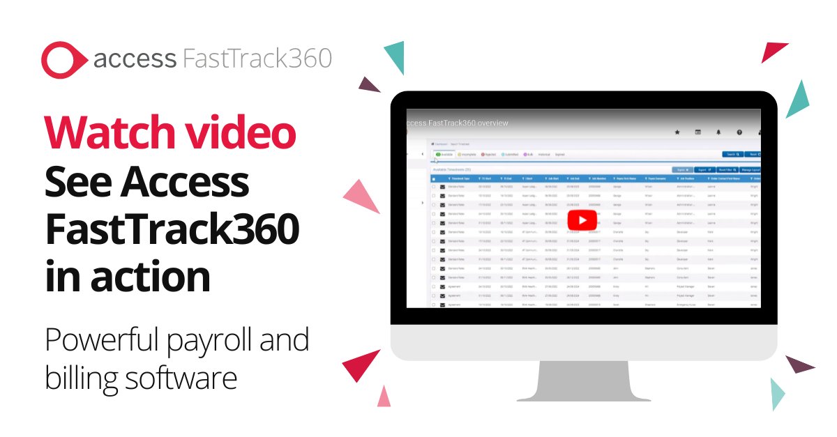 Want to see the Access FastTrack360 software in action? 🥳

This video will show you some of the key benefits and give you a sneak preview of specific features including; timesheet entry and rates &amp; rules!

Watch HERE 👉 ow.ly/Naft50Q4yy0

#Recruitment #Payroll #Billing