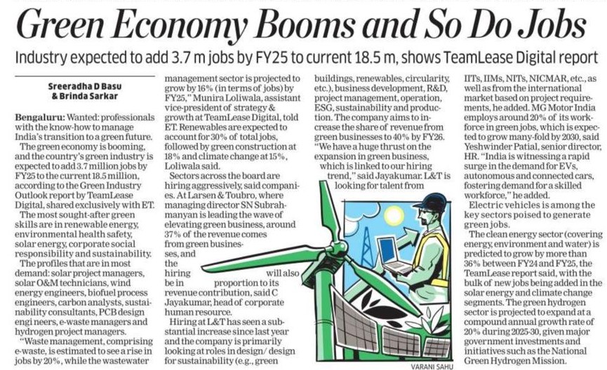 AMinputs's tweet image. I’m pleased to share that India&apos;s green industry aims to create 3.7 million jobs by FY25, adding to the existing 18.5 million positions. The TeamLease Digital report highlights the increasing demand for skills in renewable energy, environmental safety, and sustainability, with…