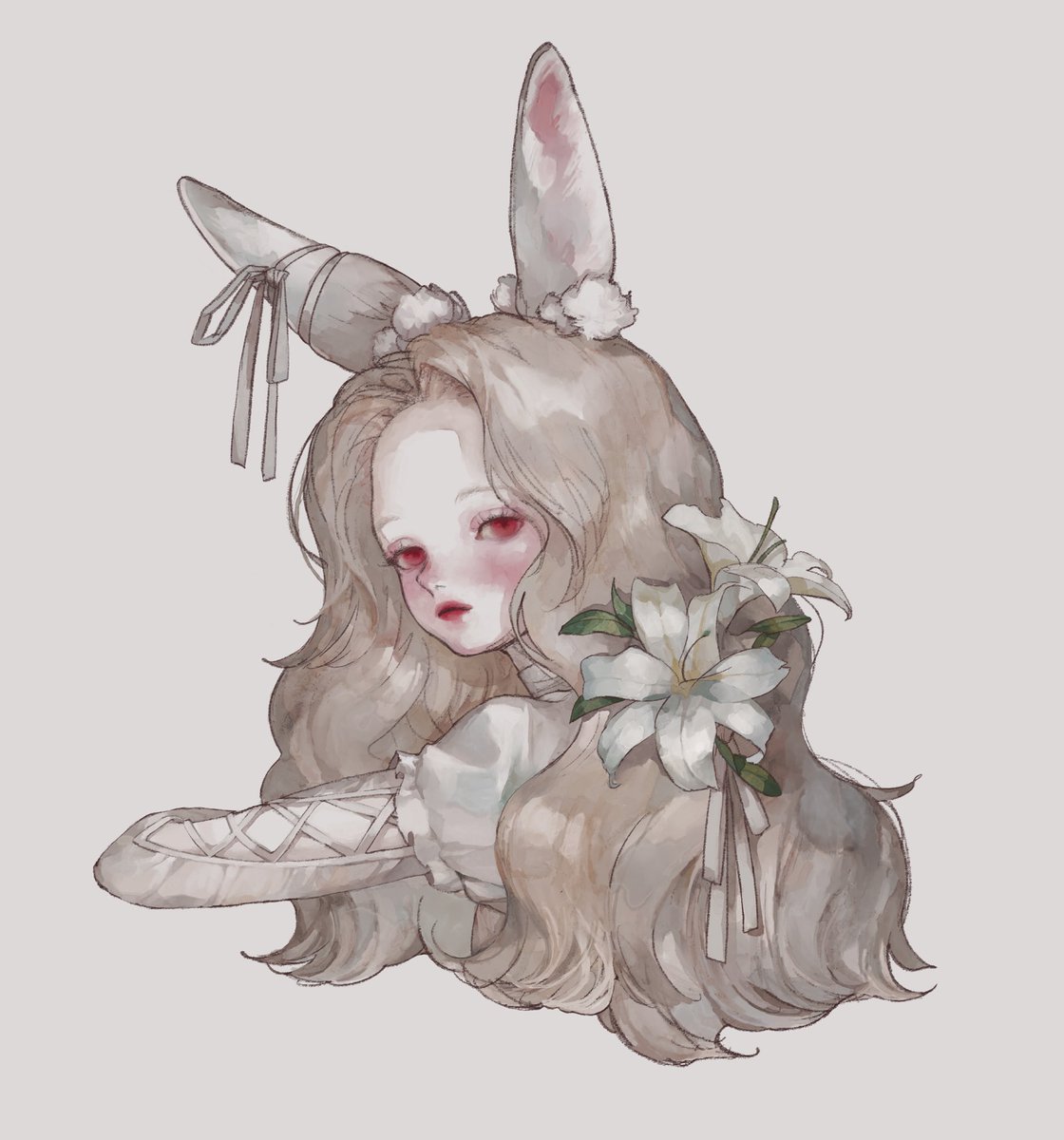 1girl animal ears flower solo rabbit ears red eyes white flower  illustration images