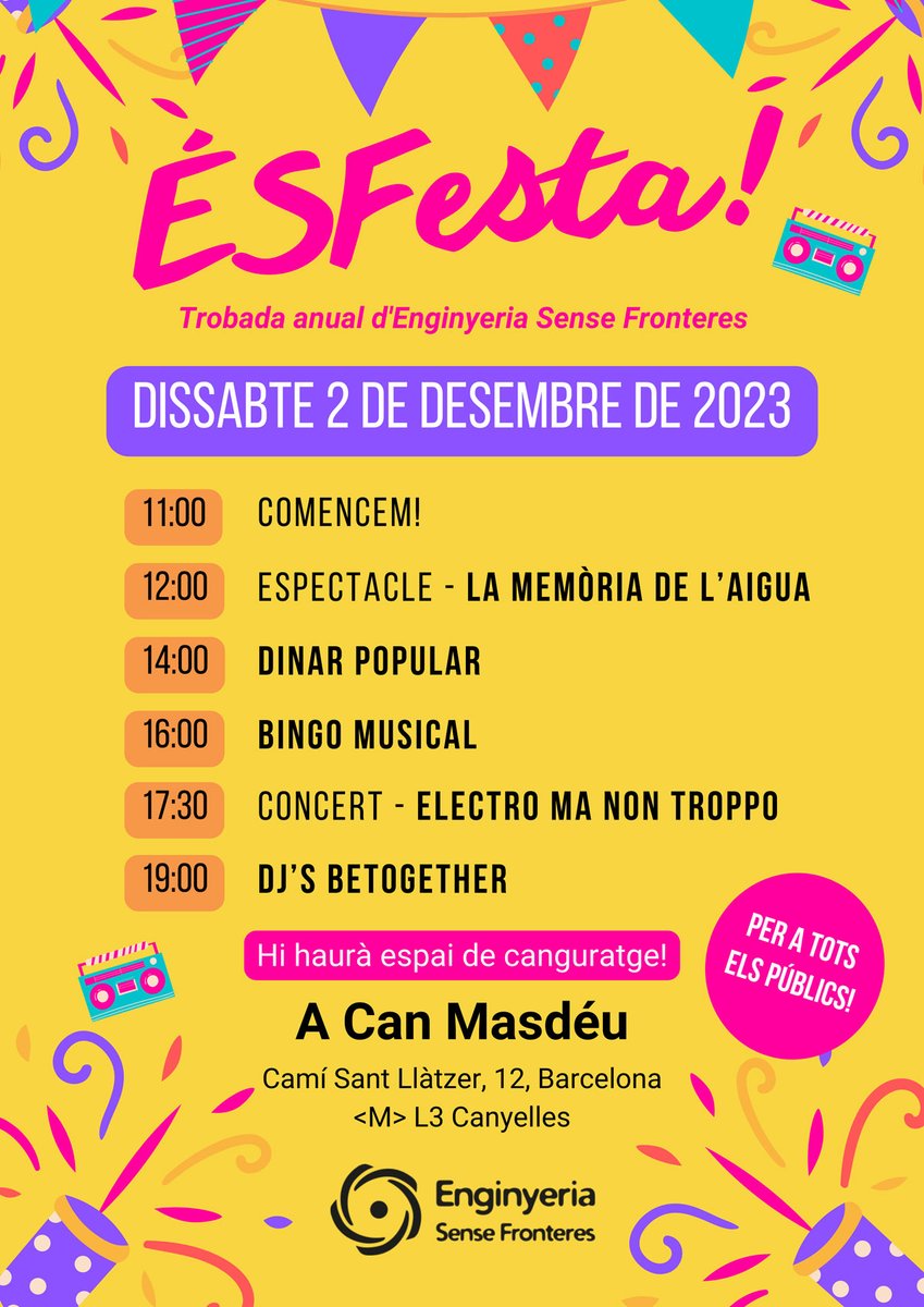 ESFCatalunya's tweet photo. 🥳 Arriba la ÉSFesta! 🥳

🙋‍♀️ Dissabte 2 de desembre vine a gaudir amb nosaltres a la trobada anual d'ESF: espectacle infantil, dinar popular, i concert i Dj!

📍 A partir de les 11h a @canmasdeu!

🥗 Et quedaràs a dinar? Omple el formulari! https://t.co/Yg25jjWrDm

Us hi esperem! https://t.co/dvHWGQoikX