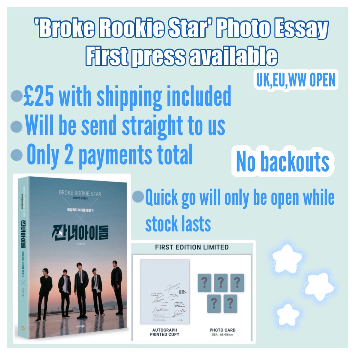 'Broke Rookie Star' Photo Essay
First press available (UK,EU,WW OPEN)

•£25 with shipping included
• Will be send straight to us
• Only 2 payments total

❌Quick go will only be open while stock lasts❌

NO BACKOUTS ONLY JOIN IF SURE 

Form: forms.gle/odsSxpE6PrhyvL…