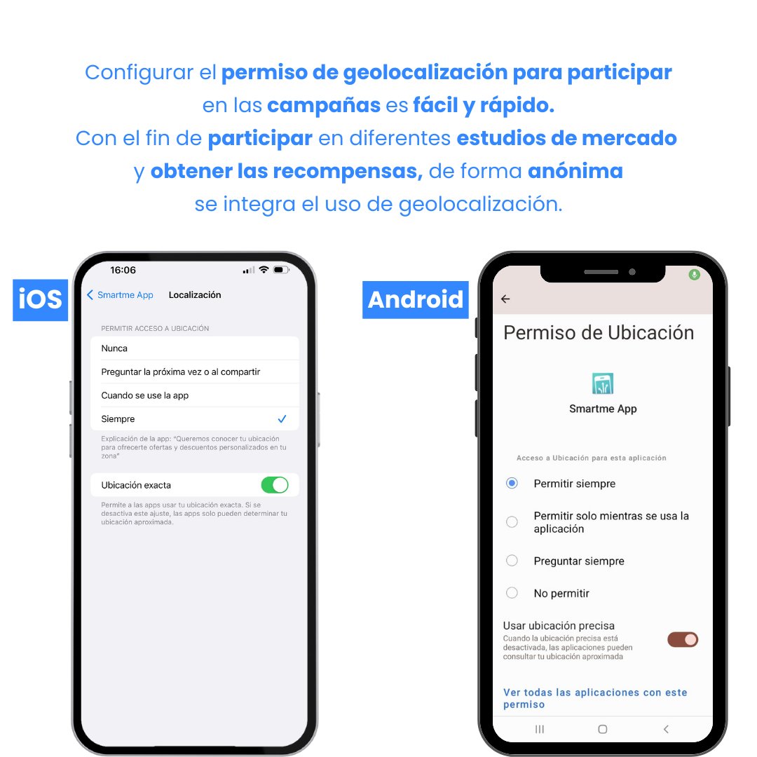 ¡Desliza 👉 y conoce cómo funciona el permiso de geolocalización de Smartme APP! 

Activarlo en tu dispositivo es fácil y sencillo para poder participar en las distintas campañas. 😉

#smartmeapp #permisos #dineroextra