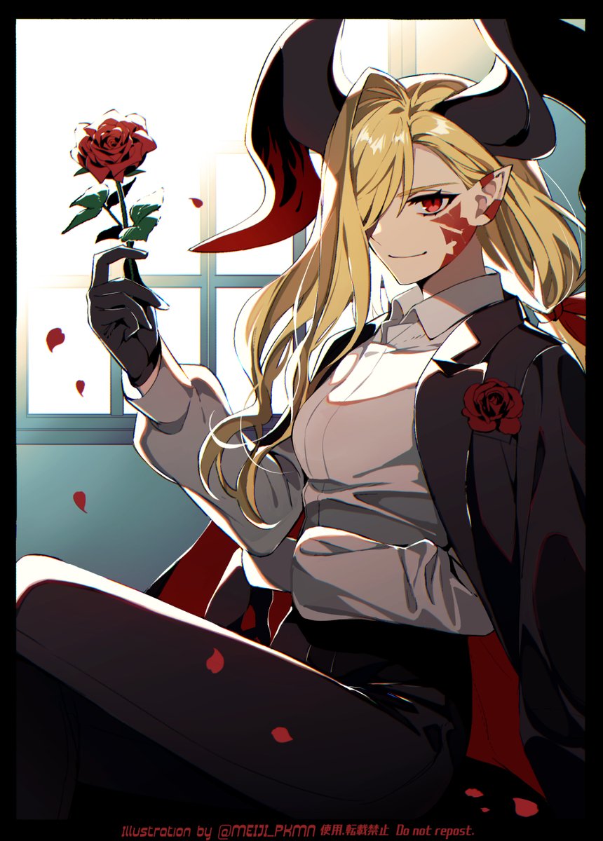 horns flower blonde hair red eyes 1girl rose gloves  illustration images