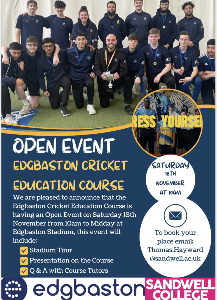 🚨Edgbaston Cricket Education Programme Open Event🚨 ⏰18th November @ 10am @ Edgbaston Stadium 🏏Would you like to study at a world class and iconic sporting venue?🧑‍🎓 To register please email-Thomas.Hayward@sandwell.ac.uk 🏟