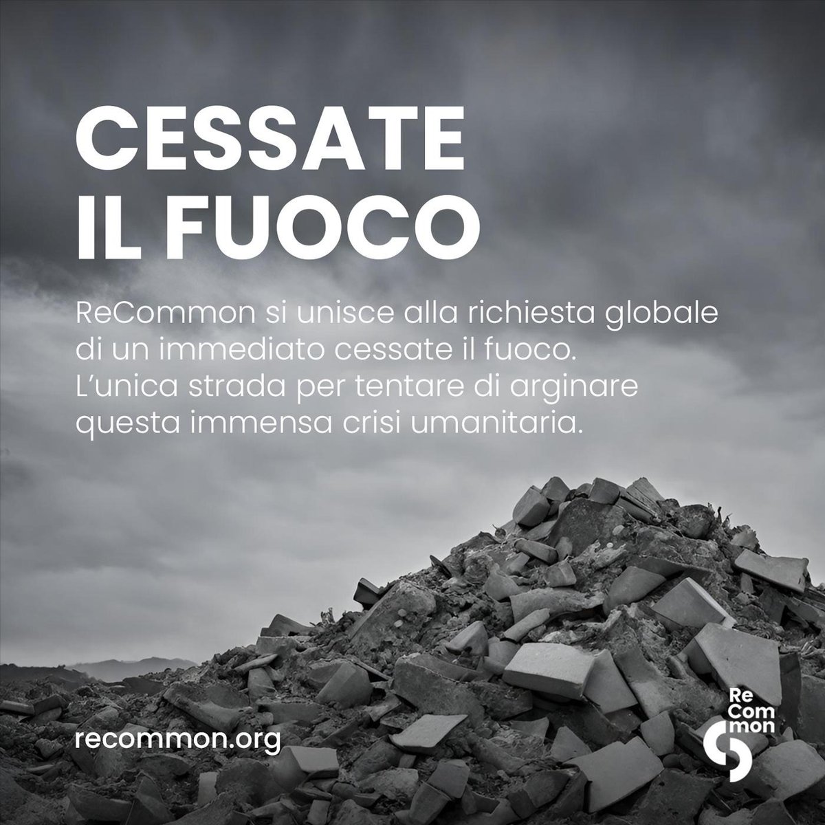 🔴 ReCommon si unisce alla richiesta globale di un immediato cessate il fuoco a tutte le parti in conflitto. Il sacrificio di vite umane che si sta consumando è abominevole e disumano.

L'uccisione di civili, siano essi palestinesi o israeliani, non può essere mai giustificata.