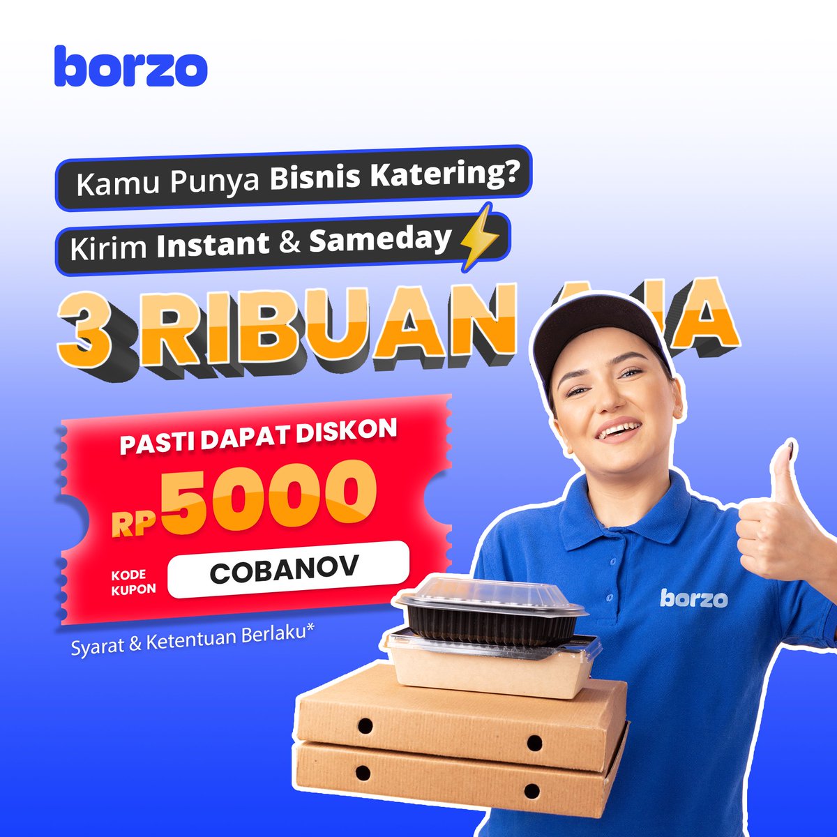 BorzoDelivery's tweet photo. PUNYA BISNIS KATERING?, WAJIB BANGET COBAIN NIH!!
Kirim Instant dan Sameday jadi cuma 3 RIBUAN AJA, Karena ada diskon Rp 5000 nih buat kalian para pengguna baru

Yuk Cobain Pake Kode Kupon "COBANOV" selama promo masih berlaku.

#kiriminstant #Borzodelivery #samedaydelivery https://t.co/zUivId9wfw