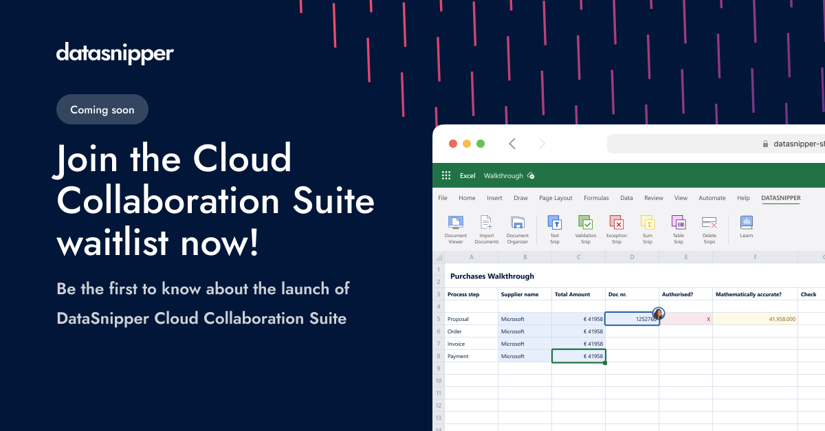 Join the Waitlist for the Cloud Collaboration Suite 🎉

Make it to the front-row when our brand new suite launches.

Sign-up here: datasnipper.com/product/cloud-…

Happy Snipping! 💙