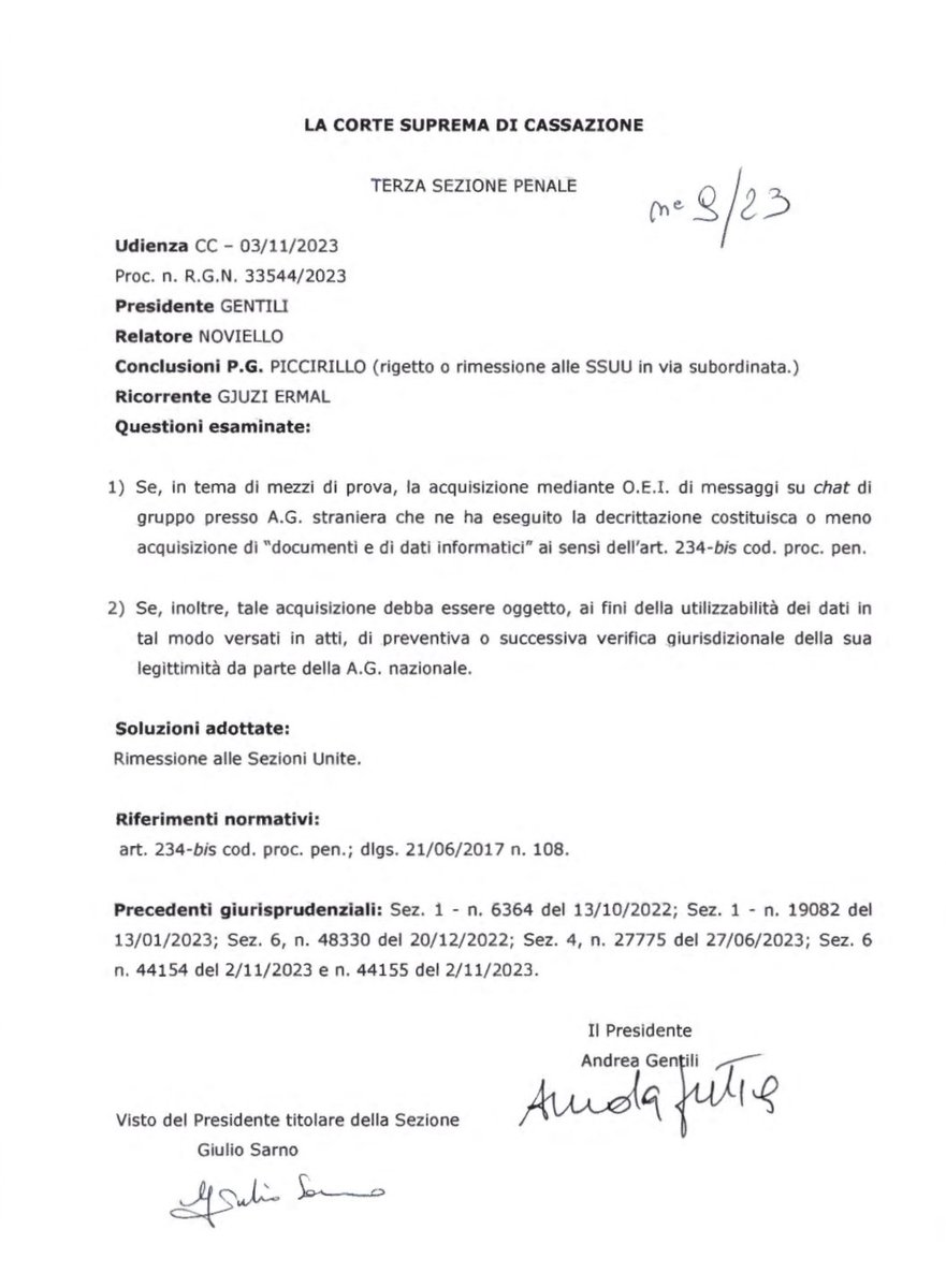 #encrochat #skyecc Following to two recent revolutionary rulings of the italian  Court of Cassation, the decision on “the case law” has been entrusted to the United Criminal Chambers of the Supreme Court. We wait with confidence