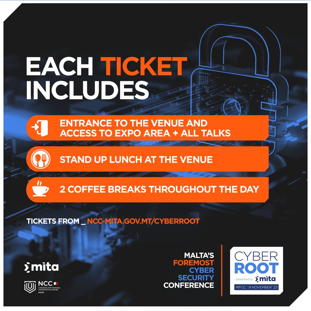 MITAmalta's tweet photo. CYBER ROOT - Presented by MITA

This is what each ticket includes👇

❕If you haven't secured your spot for Cyber Root, this is your last chance!

🔗 Get your tickets from https://t.co/ksCpvzCTJL

#CYBERROOT2023 #MITA https://t.co/5c7ePJ0oMo