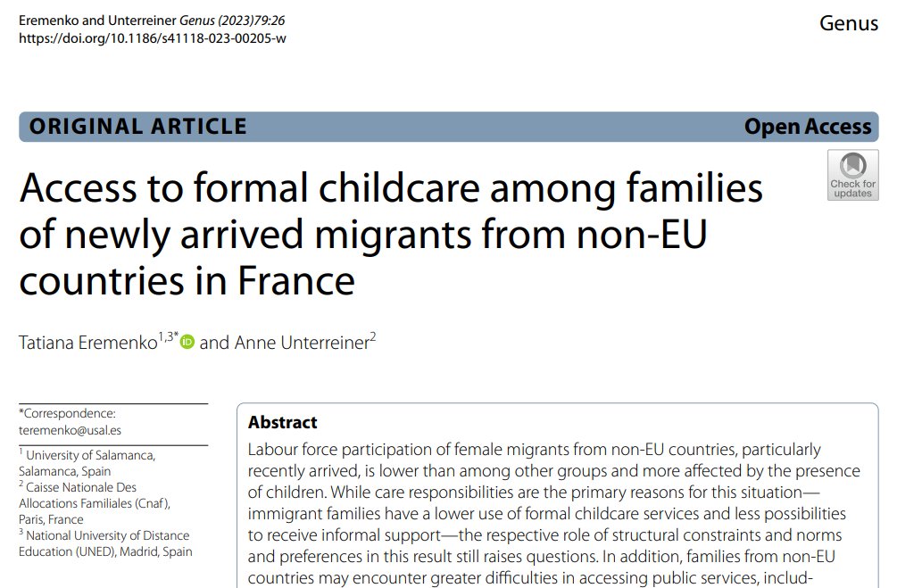 New paper just published! 📢 @tneremenko & @AnneUnterreiner explore the determinants of participation in early childhood education among families of recent #migrants from outside of the EU in #France. Link to the full paper #openaccess 👇 🔗genus.springeropen.com/articles/10.11…