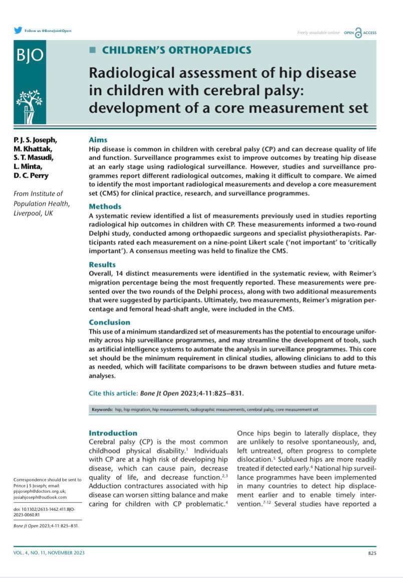 Dan Perry (@mrdanperry) on Twitter photo Well done <a href="/PJSJoseph/">P Josiah Joseph</a> for core measurements to universally record in hip disease in cerebral palsy...
Reimer's Migration Percentage was uncontroversial - though Head-shaft angle also made it owing to its use in the CPUP score.
Read it now....boneandjoint.org.uk/Article/10.130… Well done <a href="/PJSJoseph/">P Josiah Joseph</a> for core measurements to universally record in hip disease in cerebral palsy...
Reimer's Migration Percentage was uncontroversial - though Head-shaft angle also made it owing to its use in the CPUP score.
Read it now....boneandjoint.org.uk/Article/10.130…