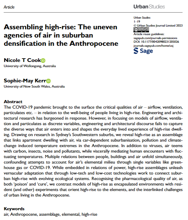 New paper by @NicoleTCook and Sophie-May Kerr: 'Assembling #HighRise: The uneven agencies of air in suburban #densification in the #Anthropocene' ow.ly/M3kL50Q3TjQ