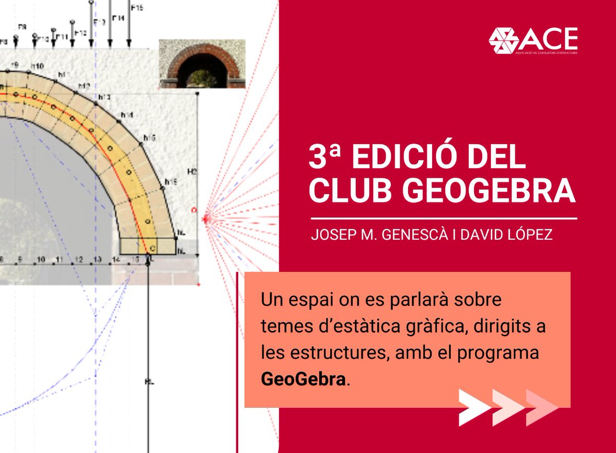 Con_Estructures's tweet photo. Convoquem la 3ª Edició del Club GeoGebra! 📐

En les trobades d'aquesta tercera edició es desenvoluparan temes d’estàtica gràfica, dirigits a les estructures, amb el programa #GeoGebra. Aquest es tractarà de forma elemental, però suficient per resoldre problemes estructurals. https://t.co/Ct1MxXGxws