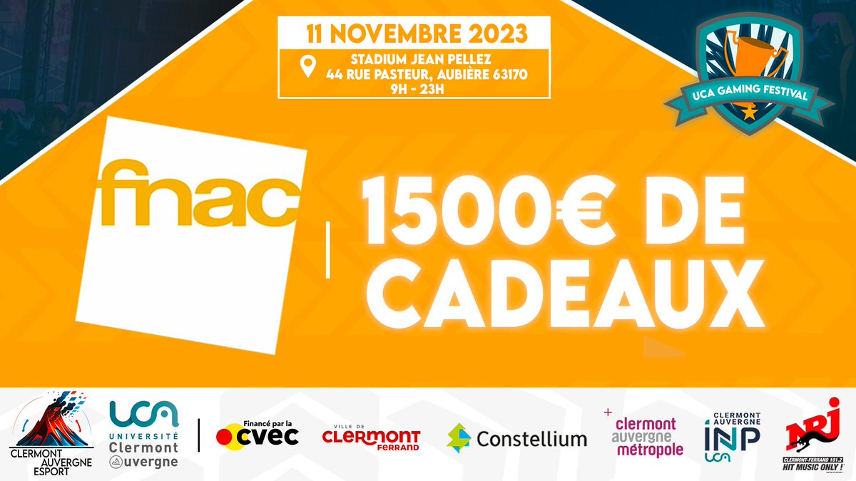 𝐏𝐚𝐫𝐭𝐞𝐧𝐚𝐢𝐫𝐞 🤝🏼

Pour les joueurs de l'UCA GF, la <a href="/fnac/">Fnac</a> offre 1500€ de cadeaux.

Merci à eux pour leur confiance !

#UCAGF #Gaming #eSports #UCAgamingfestival #ClashRoyal #CR #Valorant #Valo #LOL #LeagueofLegend #SSBU #RL #RocketLeague #MK #MarioKart #TM #TrackMania